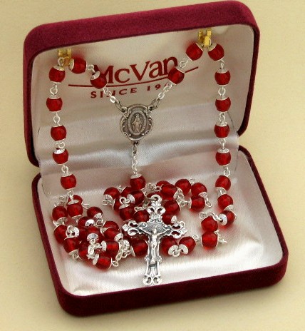 Red Glass Rosary, boxed